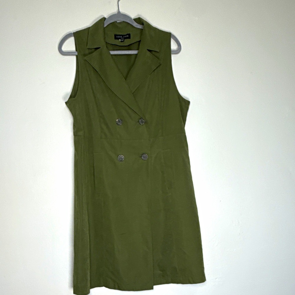 Love Tree Green Solid Shirt Dress L Collared Button Front Pockets Knee Twill - Picture 2 of 11